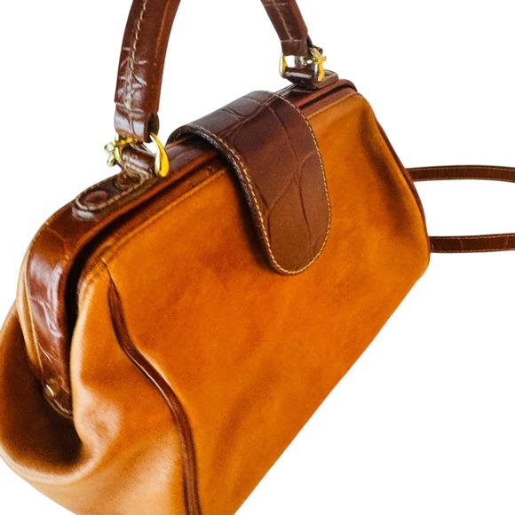 Vtg Brown Leather Croc Trim Doctor Bag Satchel Handbag Crossbody Strap Old Money - Picture 3 of 13